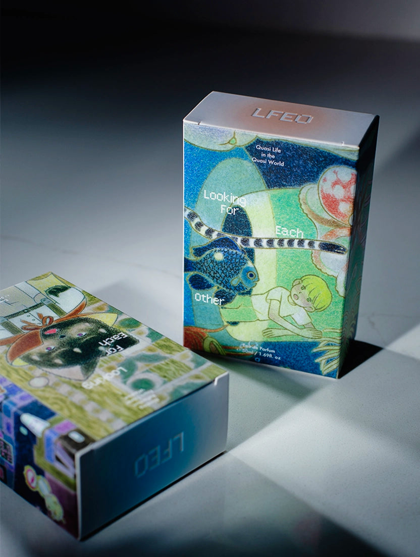 Outer box packaging for Looking for Each Other, featuring artwork by Shee Liu—designed to feel whimsical, mysterious, and otherworldly.